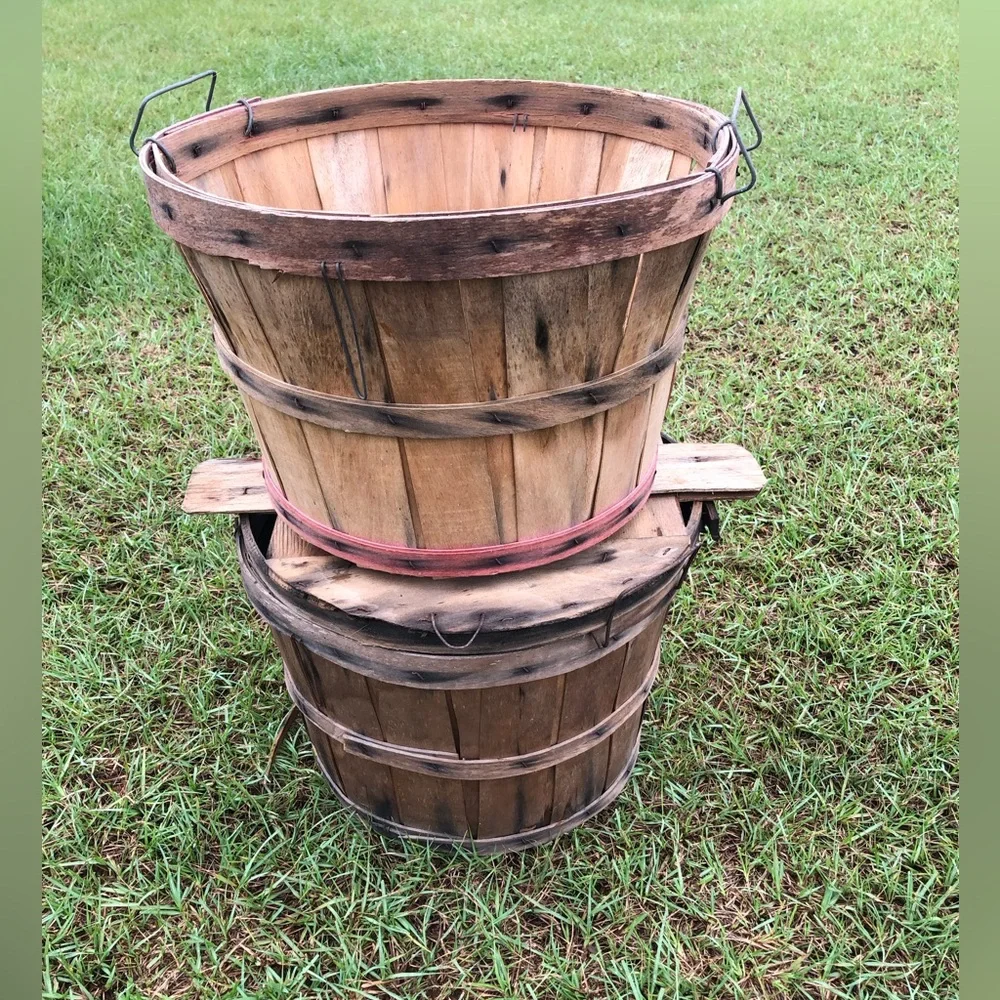Wood Bushel Basket Vintage Primitive Handles Apple Peach Farmhouse Set Of 2